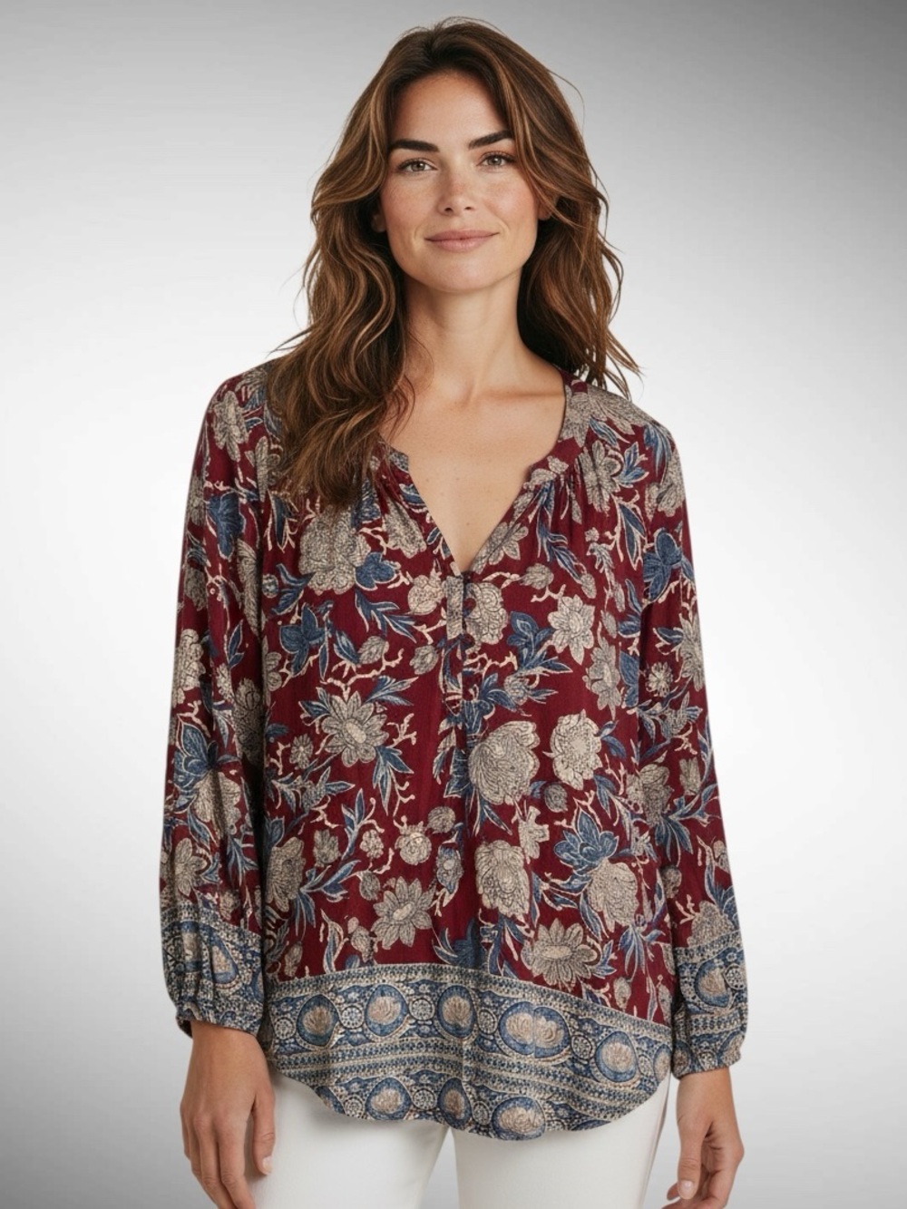 Lucky Brand Burgundy Tan Floral Pullover Long-Sleeve Top